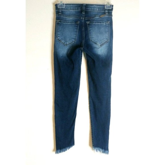 KANCAN Dark Wash Blue, DESTROYED/RAW ANGLED HEM Jeans SZ 24" x 24" x 9" inseam - Picture 2 of 7